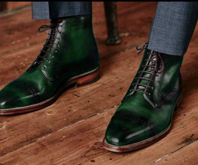 Men's handmade green patina leather ankle high boot