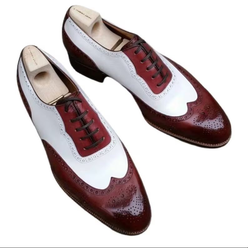 Men’s handmade men spectator shoes men’s two tone white and burgundy leather Oxford shoes