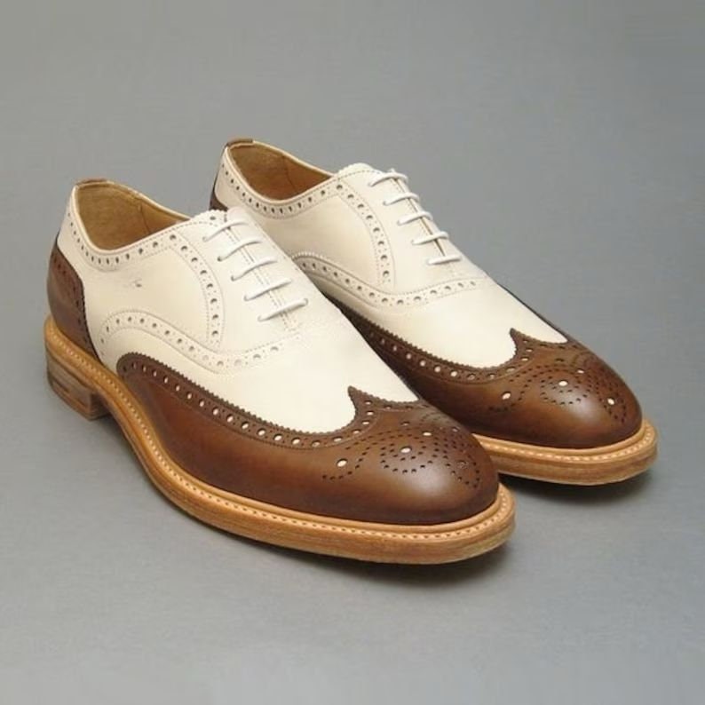 Bespoke handmade men’s two tone cream and dark brown leather Oxford shoes, Men’s dressup formal shoe, men's brogue style shoe