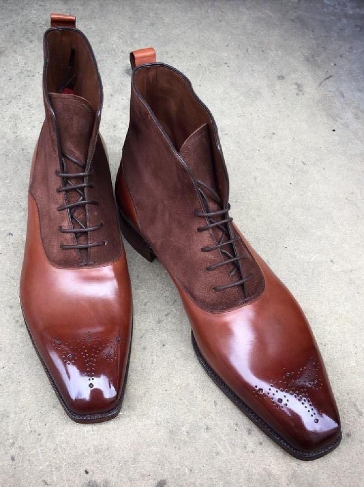Men's handmade brown suede and tan leather ankle high boot