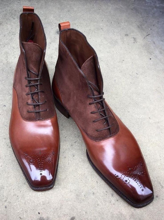 Men's handmade brown suede and tan leather ankle high boot