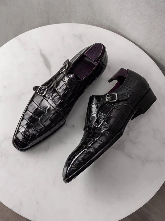 Men's handmade alligator print leather double monk shoe