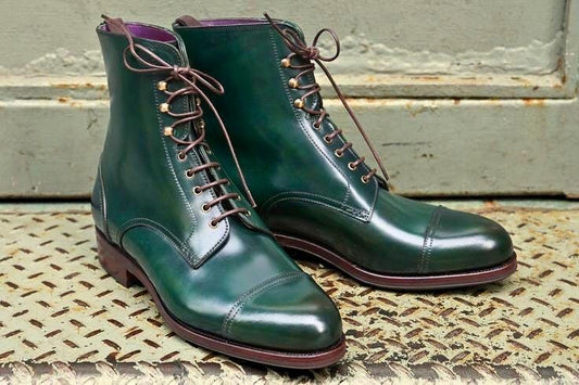 Men’s handmade green leather ankle high boots