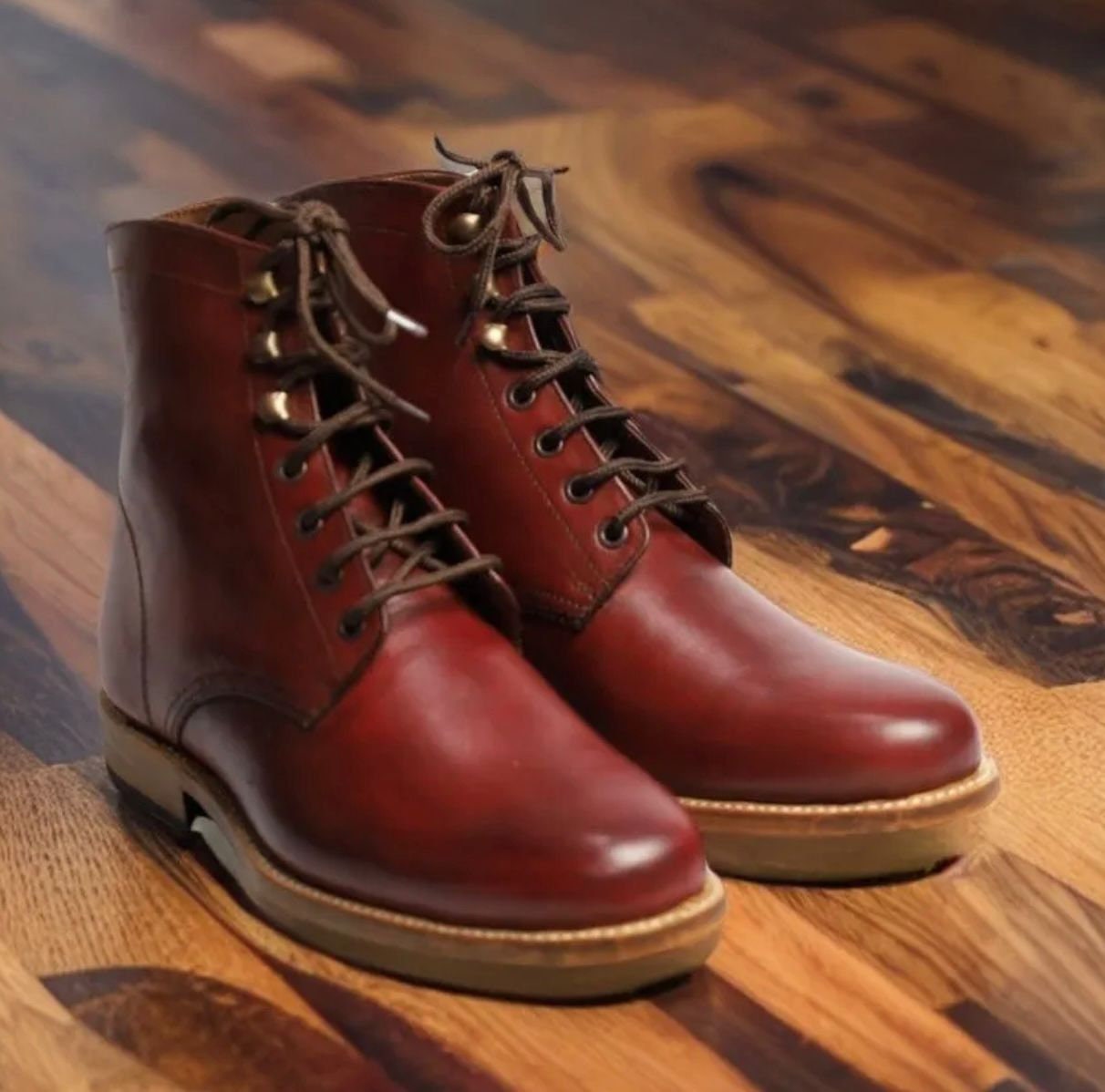 Pair of red leather boots on a wooden surface
